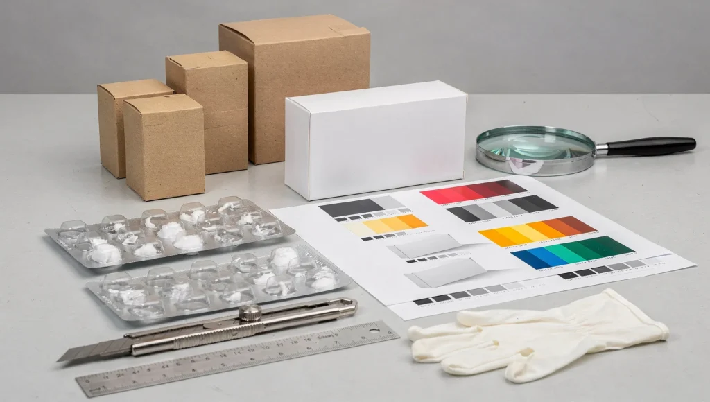 Autopsia di un astuccio: dove il pack cosmetico diventa non conforme 1 Revisione tecnica di astucci e blister su un tavolo di controllo qualità del packaging