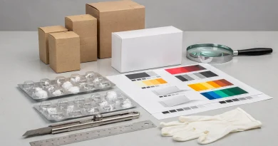 Revisione tecnica di astucci e blister su un tavolo di controllo qualità del packaging