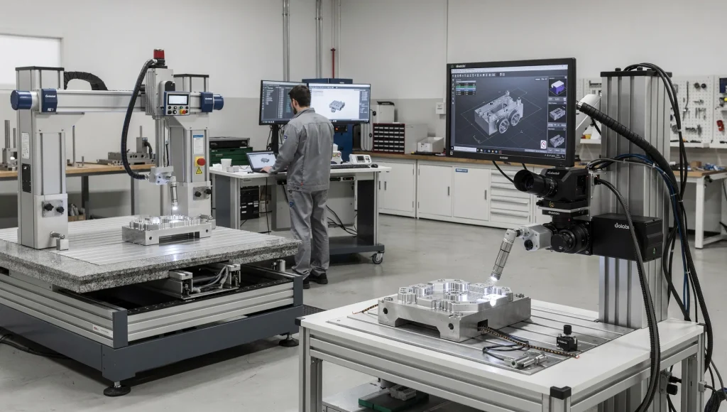 Tecnico in officina accanto a una macchina di misura a coordinate con monitor software e sistema ottico