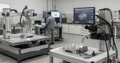 Tecnico in officina accanto a una macchina di misura a coordinate con monitor software e sistema ottico