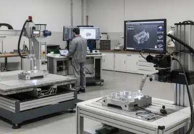 Tecnico in officina accanto a una macchina di misura a coordinate con monitor software e sistema ottico