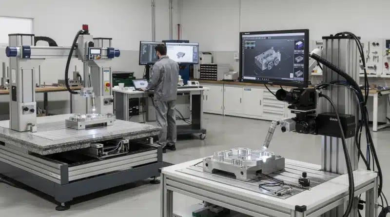 Tecnico in officina accanto a una macchina di misura a coordinate con monitor software e sistema ottico
