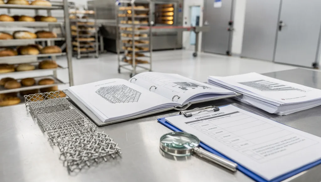 Cartella tecnica accanto a nastro trasportatore e rete metallica inox in ambiente industriale alimentare