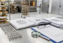 Cartella tecnica accanto a nastro trasportatore e rete metallica inox in ambiente industriale alimentare