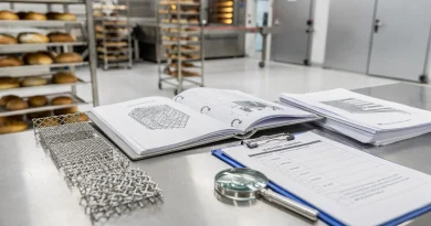 Cartella tecnica accanto a nastro trasportatore e rete metallica inox in ambiente industriale alimentare