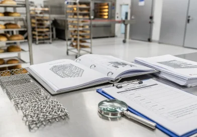 Cartella tecnica accanto a nastro trasportatore e rete metallica inox in ambiente industriale alimentare