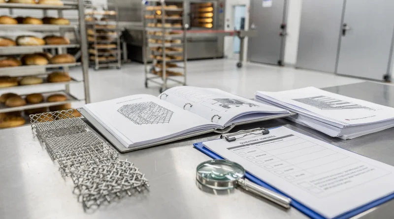 Cartella tecnica accanto a nastro trasportatore e rete metallica inox in ambiente industriale alimentare